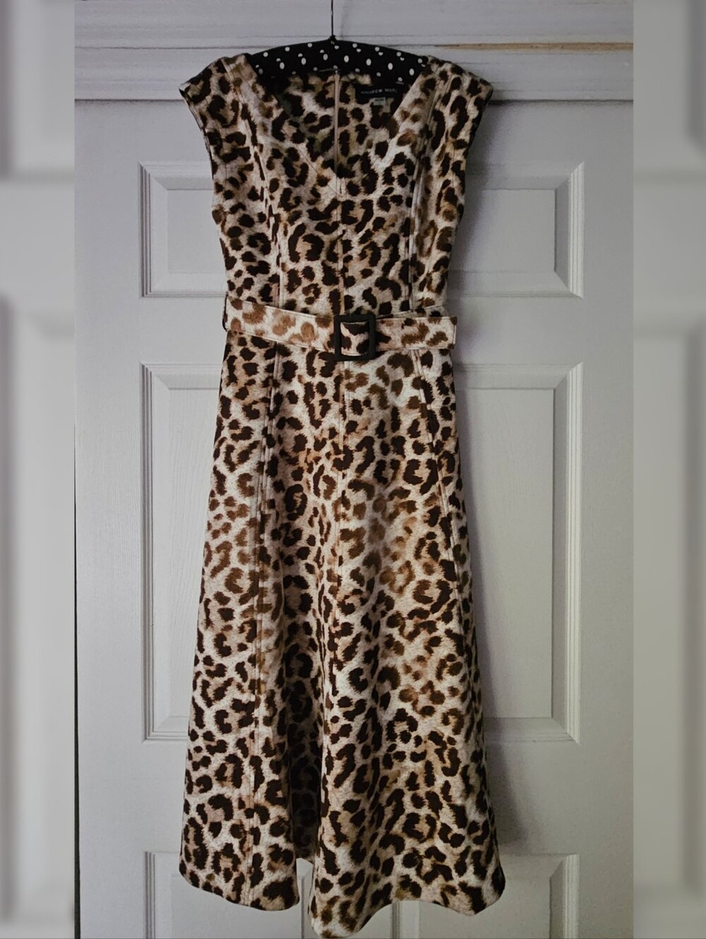 Andrew Marc Leopard Print Cap Sleeve Belted Midi Dress - Brown/White